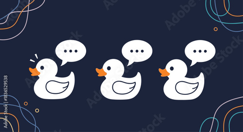 Three white cartoon ducks with speech bubbles on a dark background, illustrating concepts of communication, conversation, or rubber duck debugging.