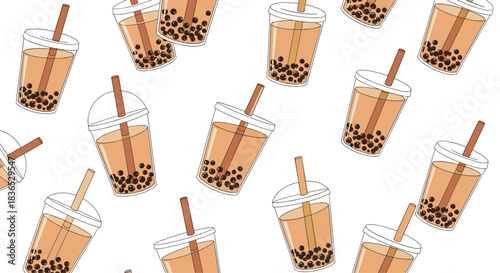Seamless pattern of delicious bubble milk tea in plastic cups with straws, scattered across a simple white background for beverage lovers.