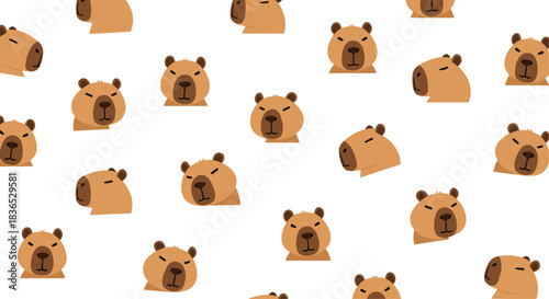 Seamless pattern featuring the cute and sleepy faces of capybaras from different angles on a simple and clean white background.