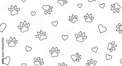 Simple seamless pattern of hand-drawn paw prints and hearts in a clean outline style on a white background, symbolizing pet love.