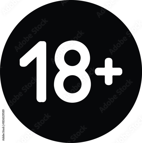 Black circle with white 18 plus symbol eighteen plus 5