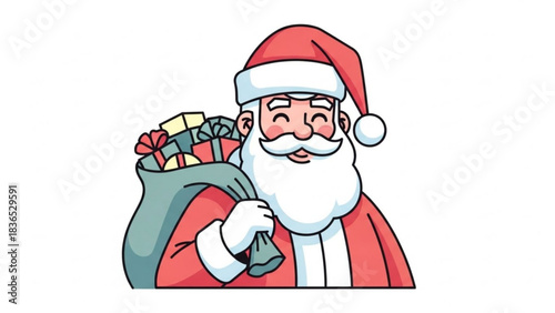 Happy santa claus carrying a sack full of presents