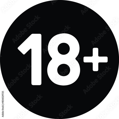 White 18 Plus Symbol on Black Circle eighteen plus 3