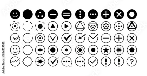 Bullet points collection. Listing icons and symbols set. Isolated vector illustration. 