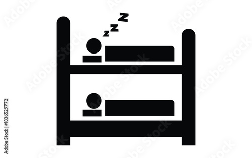 Simple black silhouette icon of a bunk bed with two sleeping figures isolated on white background