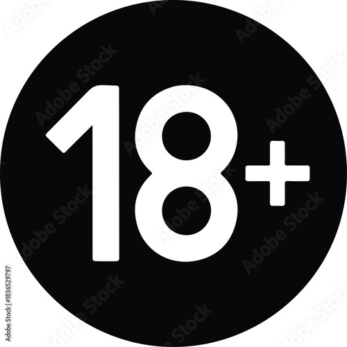 White 18 Plus Symbol on Black Circle eighteen plus