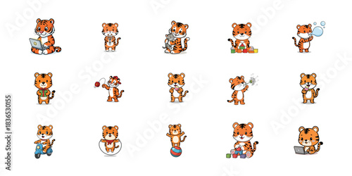 Set of cartoon tiger characters in various poses and outfits