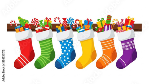 Colorful christmas stockings filled with gifts and candy on a shelf