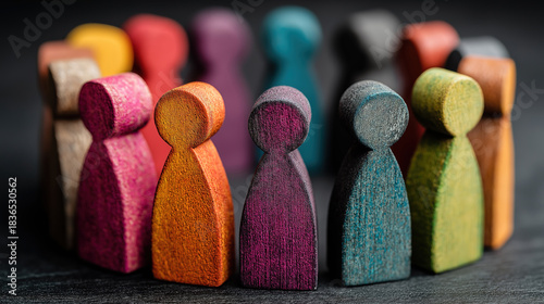 Diverse group of wooden figures in circle symbolizing inclusion equality and collaboration