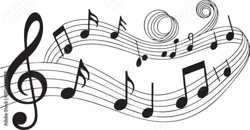 Music notes wave. Flowing musical staff lines with notes, clefs and melody rhythm patterns in dynamic circular, spiral and wavy shapes. Elegant swirling compositions for music posters. Vector