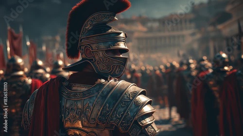 Roman warlord leading army in ancient battlefield against the backdrop of a grand city with soldiers in shining armor, evoking the might of Julius Caesar's reign
