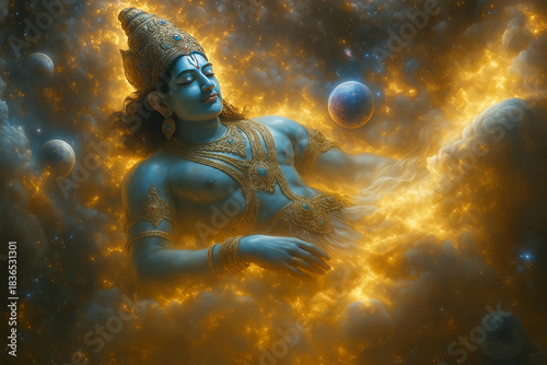Cosmic Depiction of Shri Vishnu Resting in Celestial Realms