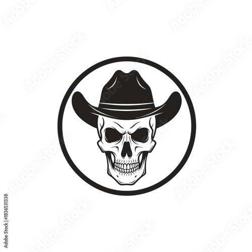 Black and white graphic illustration of a human skull wearing a cowboy hat inside a circle, isolated on white background