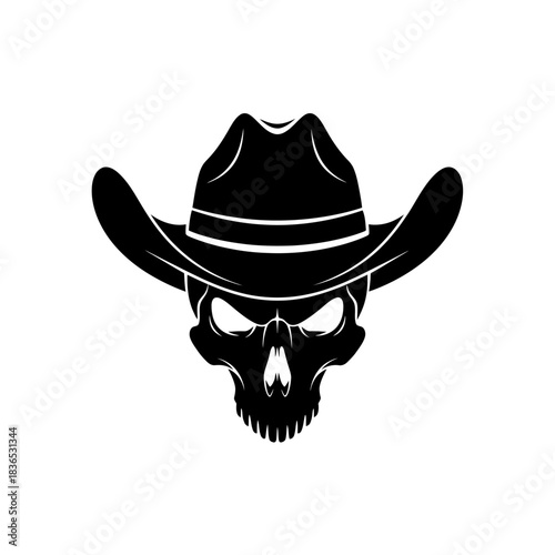 Black silhouette of a menacing skull wearing a widebrimmed cowboy hat, isolated on white background