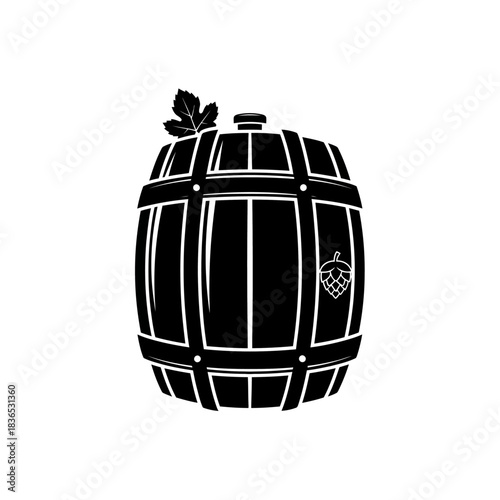 Black and white silhouette icon of a wooden beer barrel with hop leaf and hop cone decoration, isolated on white background