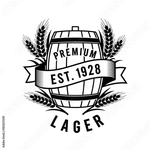 Black and white vintage style logo featuring a wooden beer barrel surrounded by wheat stalks and a banner
