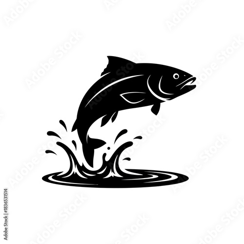 Black and white silhouette graphic of a salmon or trout fish leaping out of splashing water, isolated on white background