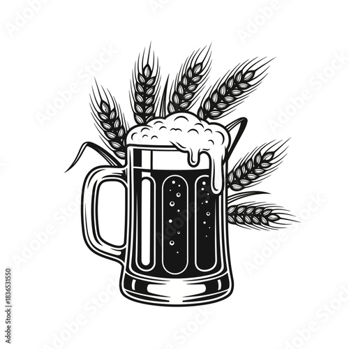 Black and white illustration of a frothy beer mug surrounded by stalks of wheat, isolated on white background
