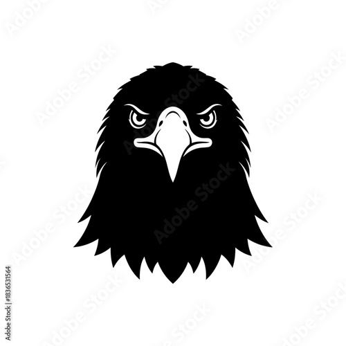 Fierce black and white graphic illustration of an eagle head with intense eyes and sharp beak, isolated on white background