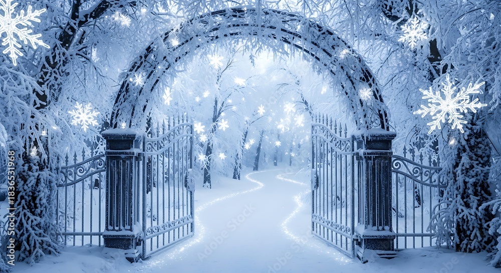 Naklejka premium Enchanting winter wonderland scene with snow-covered trees, glowing snowflakes, and an inviting gate leading to a magical path in the snowy landscape