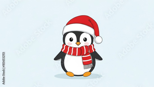Cute cartoon penguin wearing a santa hat and a red striped scarf