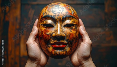 Traditional Japanese Noh Mask Being Held, Close-Up Cultural Art