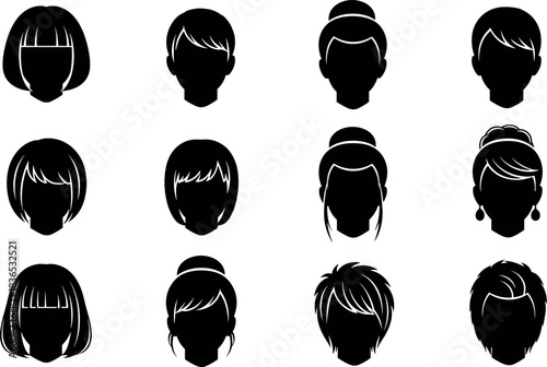 Black Silhouette Hairstyle Icons Collection for Avatar Customization, Hair Design Reference, Diverse Haircuts, Bangs, Buns, Layers, Short Styles