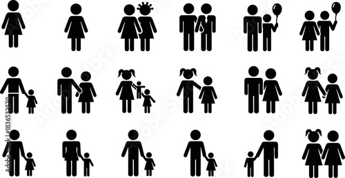 Black silhouette icons of diverse family structures, social groups, parents, children, couples, single adults, relationships, community, demographics
