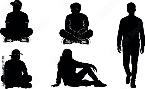 Casual human silhouettes sitting and walking in urban streetwear, showcasing relaxed body language and diverse postures for lifestyle design use.