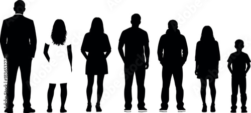 Diverse human silhouettes of various ages and genders standing side by side for demographic, educational, and inclusive design concepts