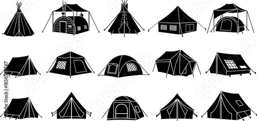 Collection of sixteen camping tent silhouettes showcasing diverse outdoor shelter styles including dome, teepee, cabin, and expedition designs.