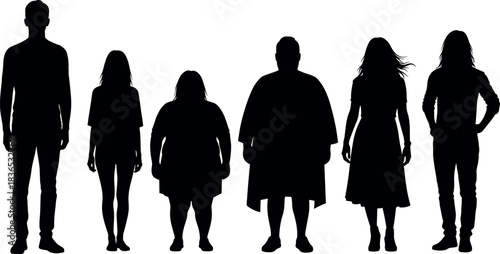 Diverse human silhouettes standing side by side showcasing different body shapes, postures, fashion styles, and physical diversity in vector art.