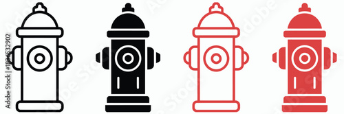 Fire Hydrant Simple Icon Style Variants, line and solid silhouette icons in black and red, emergency water access sign for firefighters, vector illustration set, safety symbols for public, industrial,