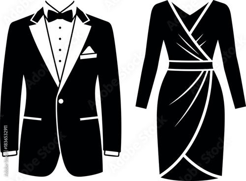 Elegant tuxedo and evening gown vector illustration showcasing classic formal wear for men and women at upscale events and celebrations.