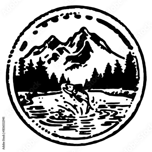 Vector illustration logo of an fish at the lake in circle design with mountains and forest at the background black and white high contrast sticker print design
