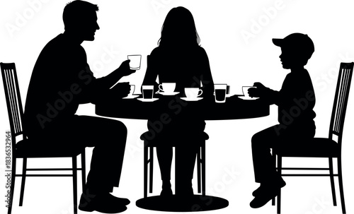 Family sitting together at round table sharing drinks, black and white silhouette of man woman child bonding over beverage moment