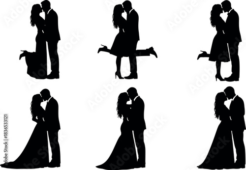 Romantic couple kissing silhouette set, love pose collection for wedding, valentine, relationship, affection, romance, vector illustration design