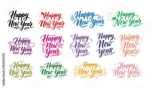 Twelve Colorful and Stylized Happy New Year Calligraphy Designs in Rows Keywords: happy new year, calligraphy, lettering, text, greeting, message, celebration, holiday, new year, festive, colorful