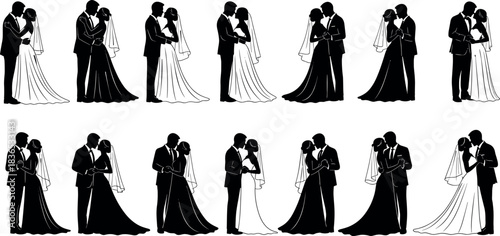 Romantic bride and groom silhouette poses in wedding attire, embracing, kissing, holding hands, perfect for invitations and marriage-themed designs.