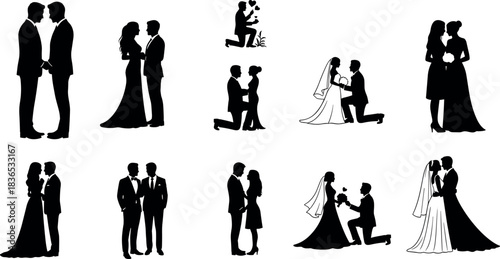 Romantic couple silhouette set featuring diverse wedding poses, love gestures, proposals, and inclusive relationships for Valentine and marriage themes.