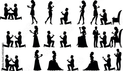 Romantic marriage proposal silhouette collection featuring kneeling man with ring, emotional reactions, formal attire, love gesture, engagement moment