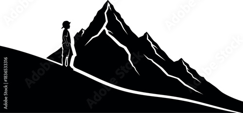Silhouette hiker standing on hilltop trail facing dramatic mountain range with blue outlines, symbolizing adventure, challenge, and personal journey.