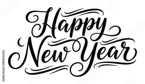 Elegant Black Calligraphy Text Reading Happy New Year with Decorative Swirls Keywords: happy new year, calligraphy, lettering, text, greeting, message, celebration, holiday, new year, festive