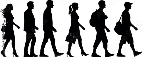 Silhouette of diverse urban pedestrians walking in profile, showcasing fashion, movement, and lifestyle in black and white vector style.