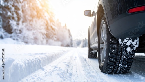 Durable winter tire grips securely on fresh snow driving down a bright, sunlit forest road adventure