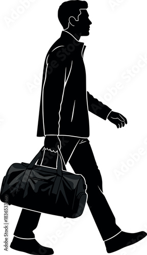 Silhouette of man walking with duffel bag, wearing jacket and pants, representing travel, commute, active lifestyle, urban motion concept.