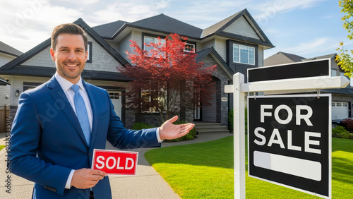 Professional Real Estate Agent proudly showcases a stunning modern house property, holding a 'SOLD' sign near a 'FOR SALE' display.