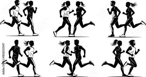 Silhouette vector of running people in motion, athletic fitness activity, jogging exercise, dynamic movement, healthy lifestyle, sport competition illustration
