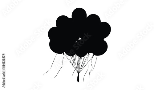 A Bunch of Black Balloons with Ribbons Floating Upwards on a White Background Keywords: balloons, bunch, group, black, dark, floating, flying, up, rising, celebration, party, event, decoration