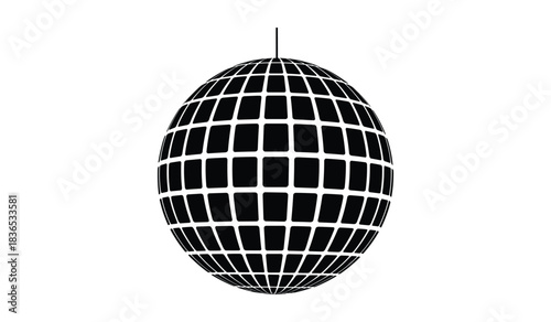 Disco Ball with Grid Pattern on White Background Keywords: disco ball, mirror ball, party, dance, music, celebration, retro, vintage, nightlife, entertainment, light, reflection, sphere, round